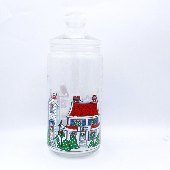 Holiday Village Scene Clear Glass Cookie Jar With Lid 10.5 Oz Snowfall Design - Picture 1 of 4